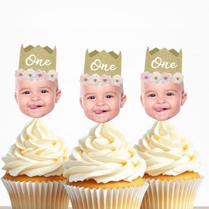 First Birthday Floral Crown Face Cupcake Toppers | Minimal Birthday Decor | Custom 1st Bday | Girls Just Wanna Be One Party | Any Age