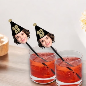 40 AF Birthday Drink Stirrers with Face and Hat | Swizzle Sticks | Custom Head Cocktail Stirrers | Over the Hill Party Decorations