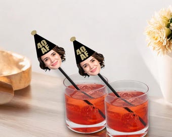 40 AF Birthday Drink Stirrers with Face and Hat | Swizzle Sticks | Custom Head Cocktail Stirrers | Over the Hill Party Decorations