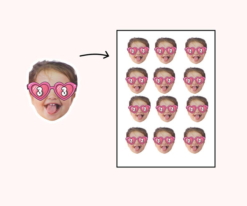 May include: A sticker sheet featuring a child's face with heart-shaped sunglasses. The sunglasses are pink with the number 3 in white. The child is sticking their tongue out. The sheet contains 12 stickers.