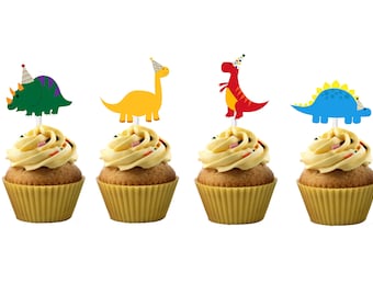 Dinosaurs in Party Hats Cupcake Toppers (12 count) for Birthday Party, RAWR, TREX, Dino Cupcakes, Brontasaurus, Birthday Hats, ROAR, Decor