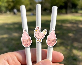 This Chick is One Birthday Straws and Matching Face Party Decorations