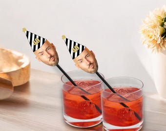 40th Birthday Drink Stirrers with Face and Hat, Swizzle Sticks, 30th, 40th, 50th, Over the Hill, Party Decorations, Fortieth Bday Supplies