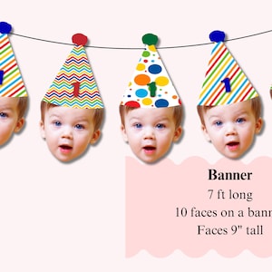 K&ouml;nnte beinhalten: Eine Girlande mit Babygesichtern, die bunte Partyh&uuml;te mit der Zahl 1 tragen. Die H&uuml;te haben verschiedene Muster, darunter Streifen und Punkte. Die Girlande ist 2,13 m lang, mit Gesichtern von 22,86 cm H&ouml;he.