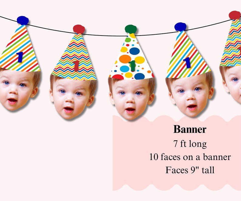 K&ouml;nnte beinhalten: Eine Girlande mit Babygesichtern, die bunte Partyh&uuml;te mit der Zahl 1 tragen. Die H&uuml;te haben verschiedene Muster, darunter Streifen und Punkte. Die Girlande ist 2,13 m lang, mit Gesichtern von 22,86 cm H&ouml;he.