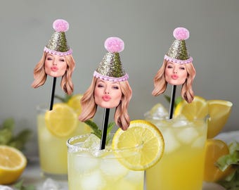 Agitadores de bebidas con cara y sombrero rosa brillante / Palitos para remover / Decoraciones para cumpleaños de 40 y 50 años / 60 y 21 años / Agitadores de cóctel con foto