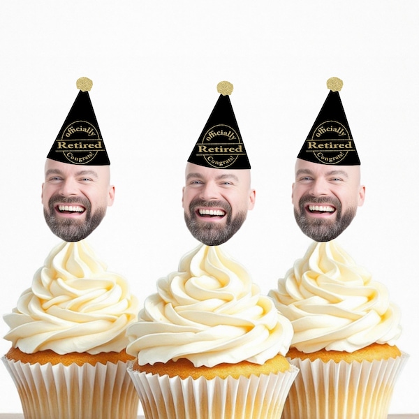 Adornos para cupcakes de jubilación con cara y sombrero / Decoraciones personalizadas para fiestas de jubilación Oficialmente jubilado / Maestro, jefe de policía / Confeti facial