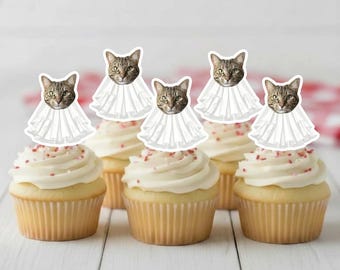 Bachelorette Cat Bride Cupcake Toppers | Kitty Cat Wedding Party Decorations | Pet Photo Veil