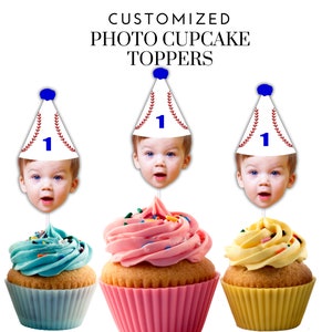 Baseball Cupcake Toppers with Face and Party Hat, for Sports Themed Birthday Party, 1st Birthday, 2nd, Little League, Tee Ball, Bball