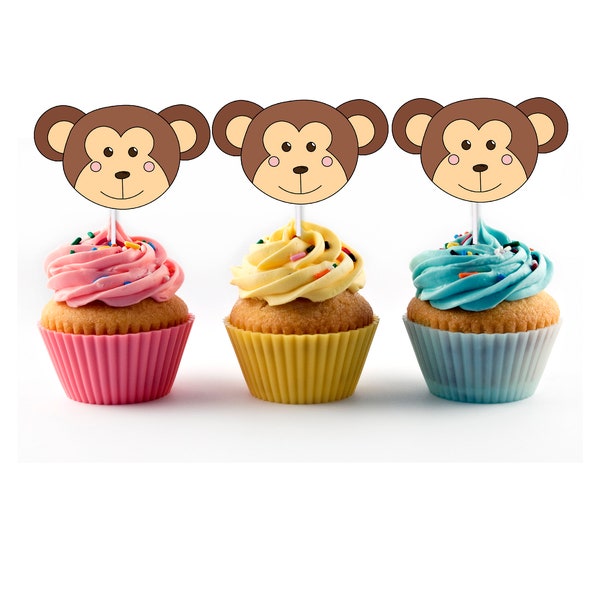 Monkey Cupcake Toppers (12 ct) for Jungle Party, Monkey Birthday, Monkeying Around, Cake Picks, Party Decorations,  Bday Baby Shower