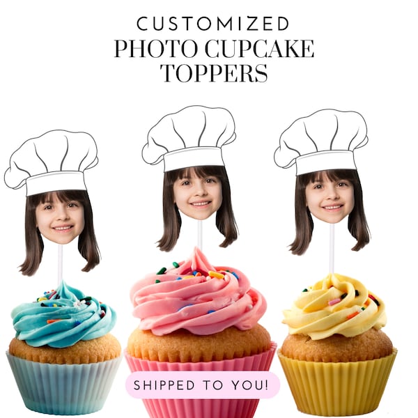 Chef Cupcake Toppers Customized with Photo (12 count) - Chef hat, Pizza Party, Birthday Party, 1st bday, Pizza Cupcake Topper, Culinary
