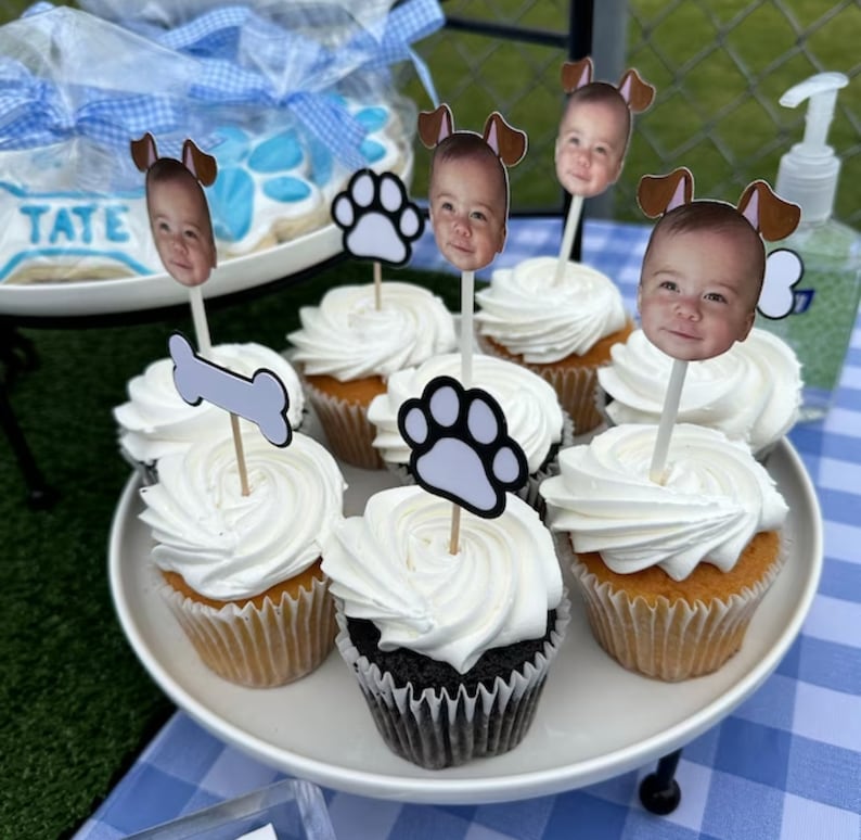 Lets pawty cupcake toppers with photo and dog ears