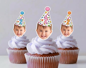 Dulces de cumpleaños / Adornos para cupcakes con forma de cara / Dos dulces decoraciones para fiesta de cumpleaños