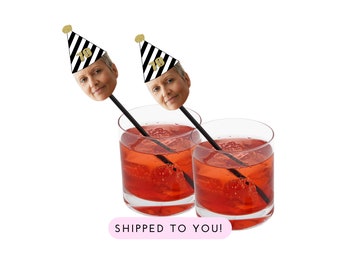 70th Birthday Drink Stirrers with Face and Hat, Swizzle Sticks - Seventieth, 70 af, Seventy, Decorations, Gold, 70th photo Swizzle Sticks