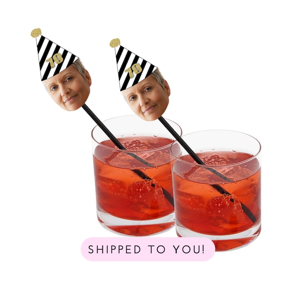 70th Birthday Drink Stirrers with Face and Hat, Swizzle Sticks - Seventieth, 70 af, Seventy, Decorations, Gold, 70th photo Swizzle Sticks
