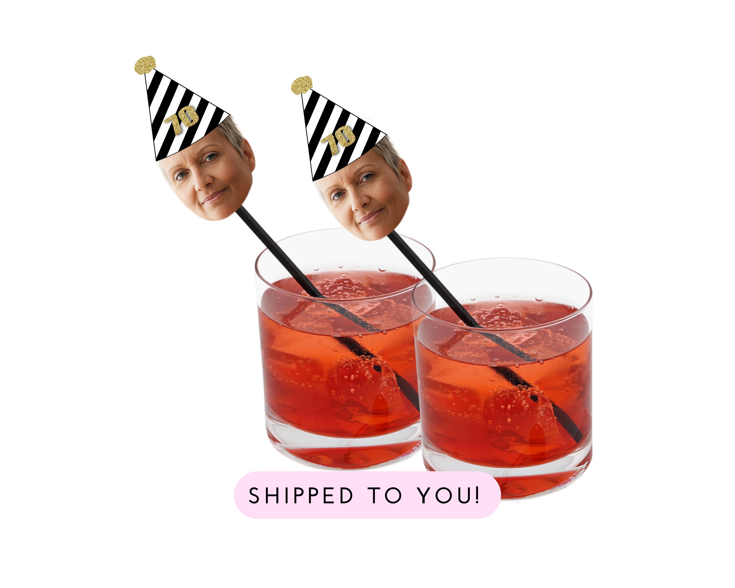 70th Birthday Drink Stirrers with Face and Hat, Swizzle Sticks - Seventieth, 70 af, Seventy, Decorations, Gold, 70th photo Swizzle Sticks