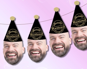 Retirement Banner with Face and Party Hat. Officially Retired, Congrats, Congratulations, Garland, Bunting, Drink Stirrers, Cupcake Toppers