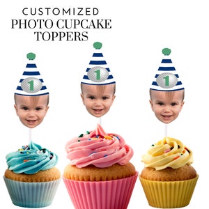 Golf Birthday Hat Custom Face Cupcake Toppers for Golf Birthday Party, First Bday, 1st, Cake Smash, Green and Navy, Hole in One