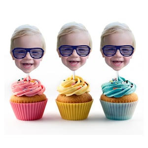 Too Cool Cupcake Toppers with Custom Face Photo (12 count) - 2, Two, Sunglasses, Birthday Party Decorations, Aviators, second birthday