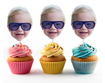 Too Cool Cupcake Toppers with Custom Face Photo (12 count) - 2, Two, Sunglasses, Birthday Party Decorations, Aviators, second birthday