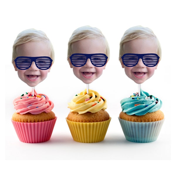 Too Cool Cupcake Toppers with Custom Face Photo (12 count) - 2, Two, Sunglasses, Birthday Party Decorations, Aviators, second birthday