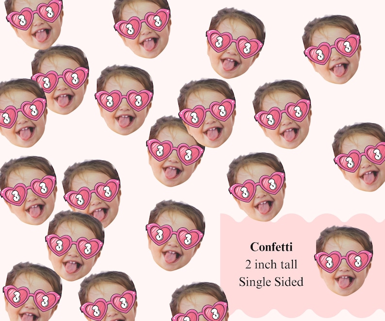 May include: Confetti featuring multiple images of a child wearing pink heart-shaped sunglasses with the number 3. The confetti is 2 inches tall and single-sided, with a light pink background.