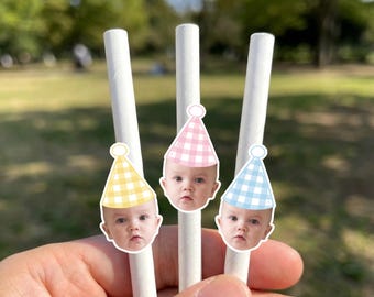Gingham Print Face Straws and Party Decorations | First Birthday Decor| Pastel Confetti Banner Stickers