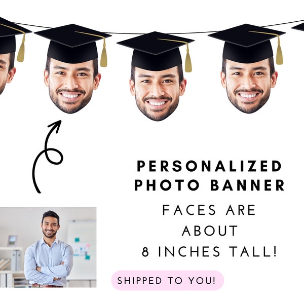 Graduation Photo Banner with Black Cap, Personalized Face Banner, Class of 2024, Congrats Grad, College, High School, Med School