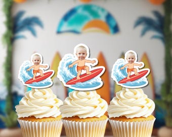 Adornos para cupcakes de surf con cara / Decoraciones para fiestas temáticas / Tema Surf's Up / Cumpleaños de surfista / Surfista personalizado con foto