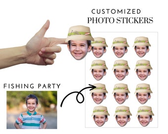 Fishing Photo Stickers Customized with Face-  Custom , Party Favors, Birthday Party, O'fishally one, Gone Fishing, Fishing 1st Bday Party