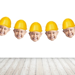 Construction Banner Customized with Photo , Pre-strung Digger, Construction Worker, Dump Truck, Yellow, 2nd Bday Photo Garland