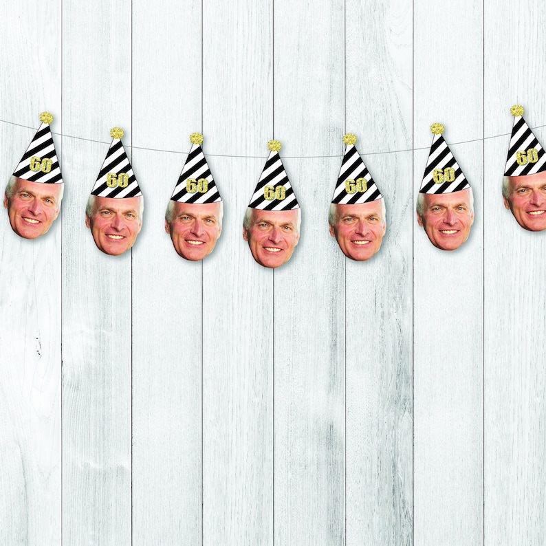 example of 60th birthday banner with man and a black and white party hat
