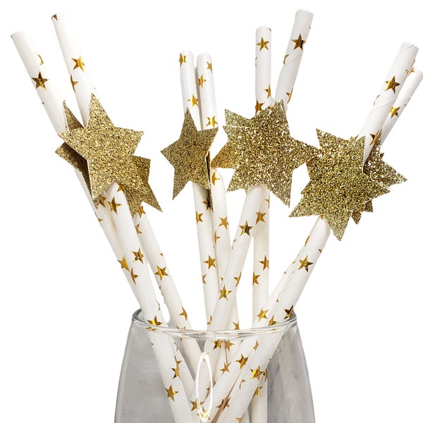 Twinkle Twinkle Little Star Straw Flags (24 count) - Gold Glitter Paper Straws, Party Favors, Baby Shower Decorations, You are my Sunshine