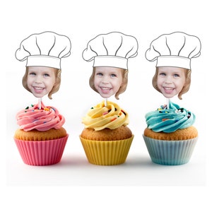 Chef Cupcake Toppers Customized with Photo (12 count) - Chef hat, Pizza Party, Birthday Party, 1st bday, Pizza Cupcake Topper, Culinary