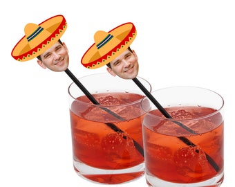 Fiesta Stir Sticks with Face and Orange Sombrero, Swizzle Sticks, Let's Fiesta, Taco Bout a Party Themed Event, Cocktail Stirrers with Photo