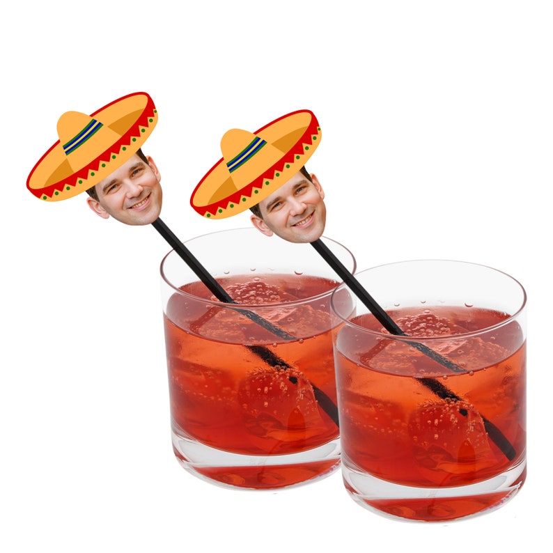 Photo swizzle sticks with orange sombrero