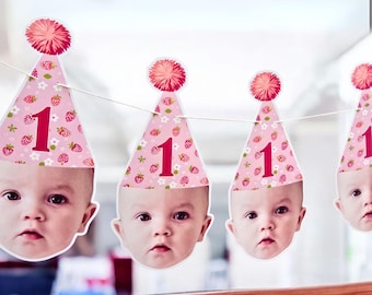 Berry First Birthday Banner | Strawberry Party Decorations | Happy Birthday Party Back Drop | Face Banner | Strawberry Hat