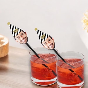 30th Birthday Drink Stirrers with Face and Hat (12 count), Swizzle Sticks - Thirtieth, Gold Glitter, Personalized party decor, Dirty Thirty