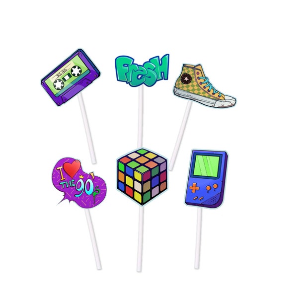 90s Themed Cupcake Toppers (12 count) - Nineties Party, Bachelorette, Birthday, I love the 90s, Fresh, Retro, 90's, Decorations, Gameboy