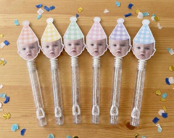 Gingham Print Birthday Bubble Wand Favors | Personalized Party Gifts | Kids Bubble Favors