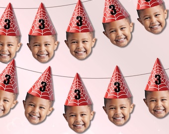 Guirnalda de arañas y decoraciones para fiestas: pajitas con caras, confeti, adornos para cupcakes, pegatinas / Fiesta de superhéroes