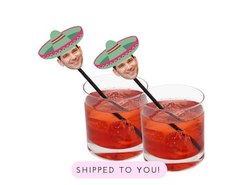 Drink Stirrers personalized with face and sombrero | Fiesta Swizzle Sticks | Let&#39;s Fiesta | Taco Bout a Party Themed Event