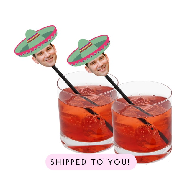Drink Stirrers personalized with face and sombrero , Fiesta Swizzle Sticks , Let's Fiesta, Taco Bout a Party Themed Event (12 count)