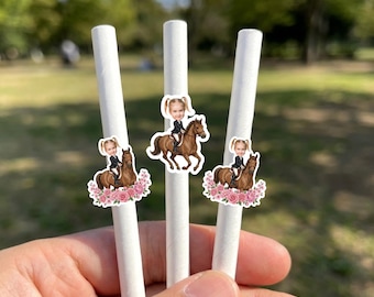 Horseback Riding Straws | Personalized Photo Toppers for Horse Lovers | Equestrian Theme Party Decor