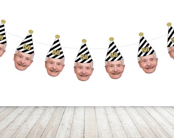 May include: A black and white striped party banner with gold glitter 80s on each flag. Each flag features a smiling face with a black and white striped party hat.