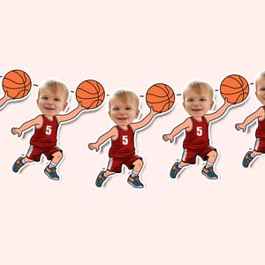May include: A banner with five basketball players wearing red jerseys with the number 5 on them. Each player is holding a basketball and has a different child's face.