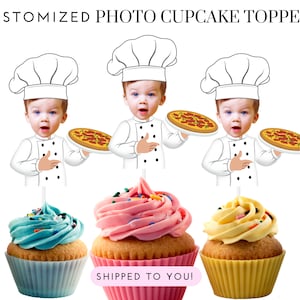 May include: Three personalized cupcake toppers featuring a child's photo in a chef's hat holding a pizza. The toppers are on top of cupcakes with blue, pink, and yellow frosting.