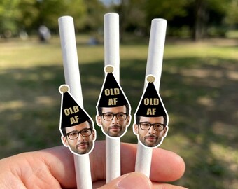 Personalized Photo Straws for Birthday Party | Funny Old AF Party Decorations