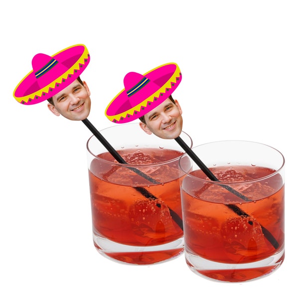 Sombrero Drink Stirrers with Face and Hat, Swizzle Sticks, Let's Fiesta, Taco Bout a Party Themed Event, Cocktail Stirrers with Photo