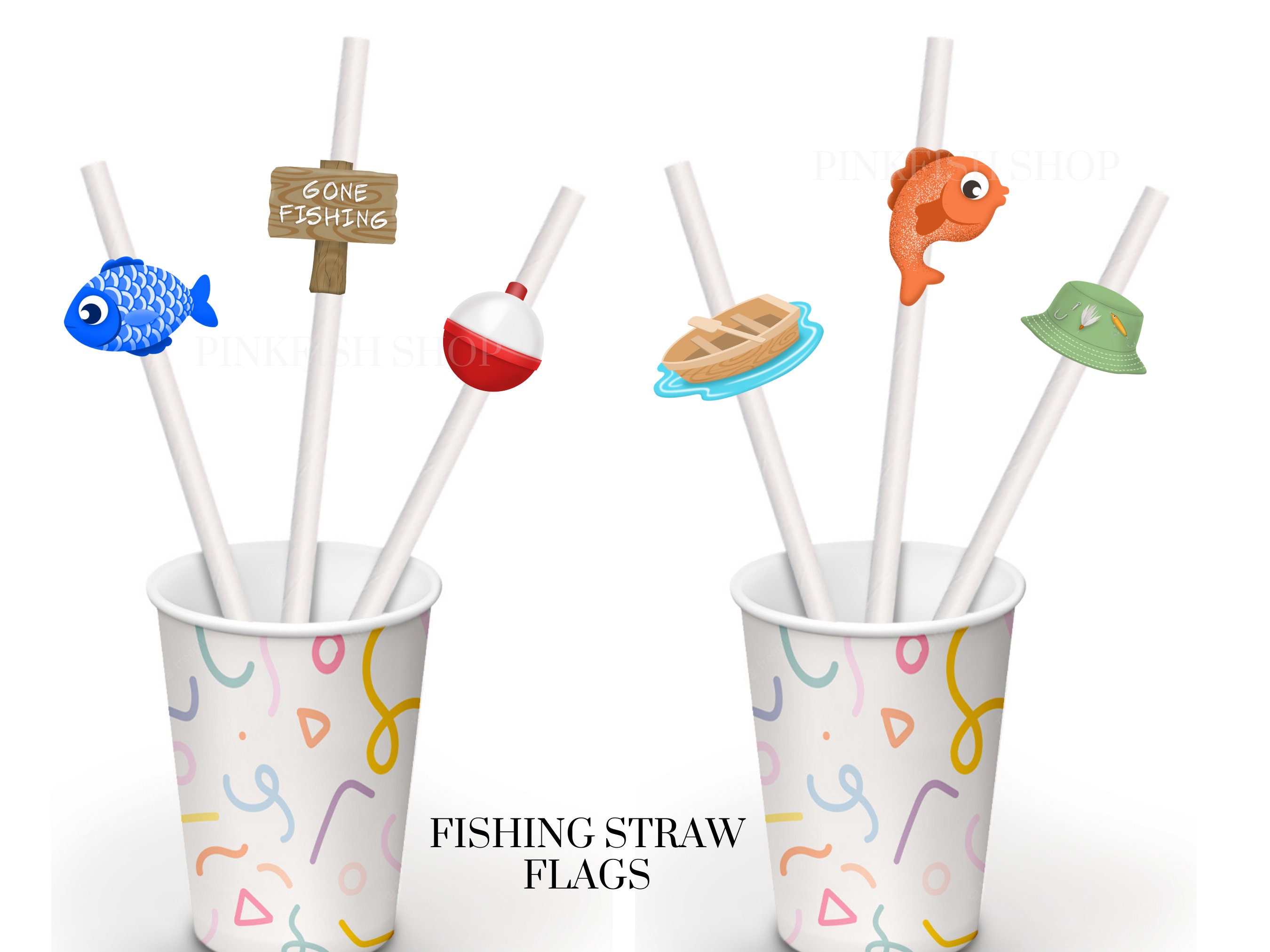Fishing Themed Straw Flags 24 Count, O'fishally One, Gone Fishing